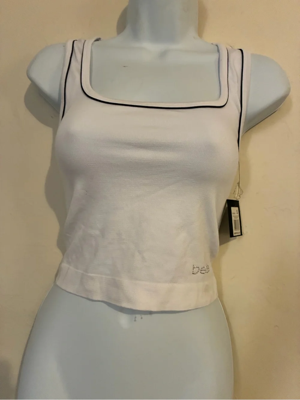 bebe White Cropped Tank with Black Piping and Rhinestone Logo - Picture 3 of 4